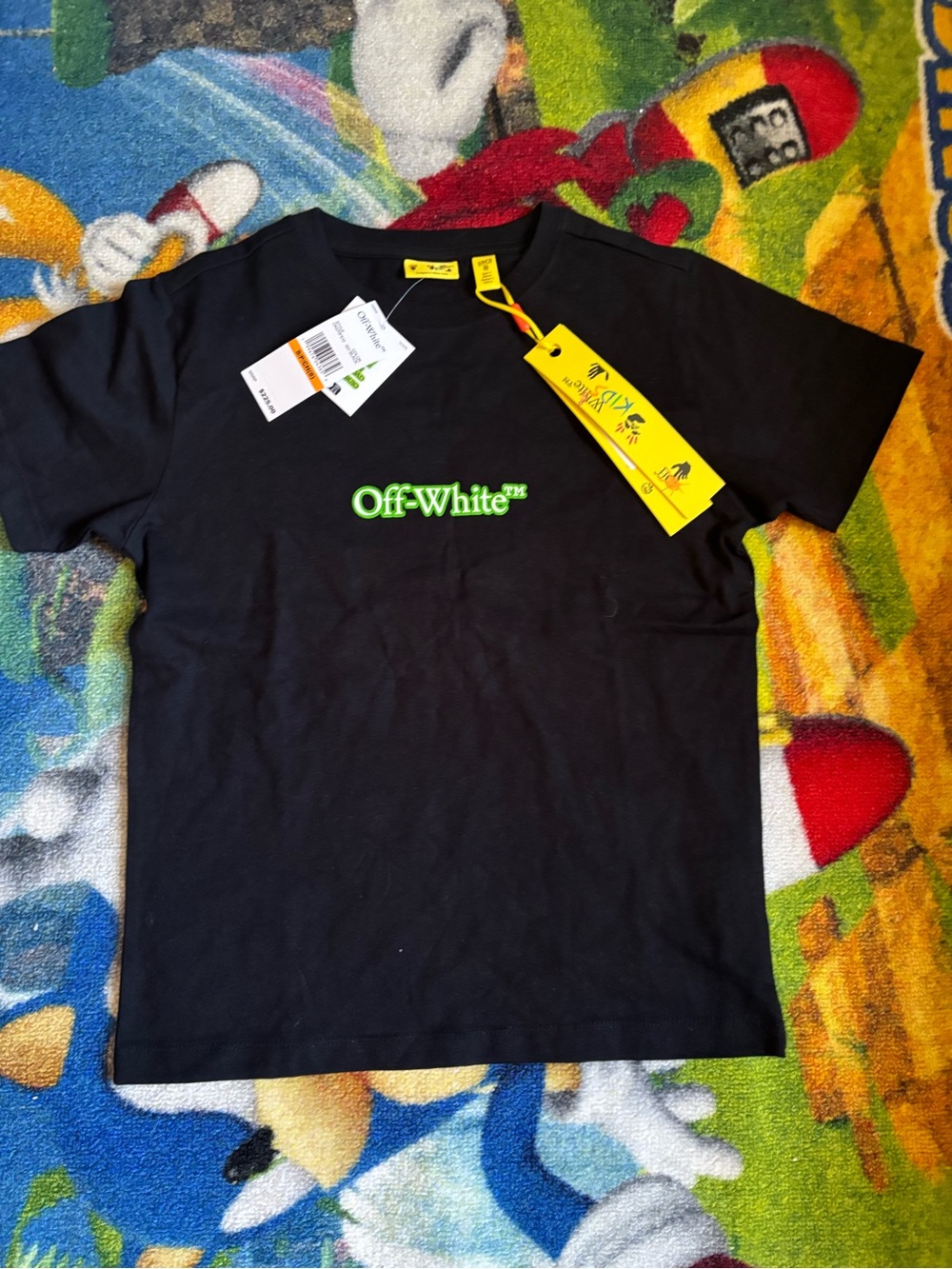 Off-White Black T-Shirt with Neon Green Logo